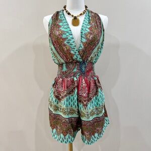 Paisley Boho Open Back Halter Romper XS/S Smocked Waist Y2K Festival Vibes